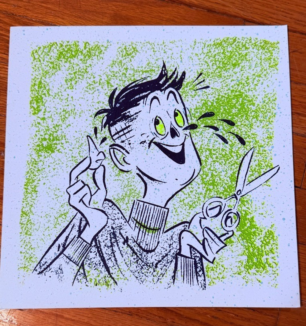 Artist Robin Banks-Green Cartoon Barber Art Print with Scissors and Comb - Picture 1 of 3